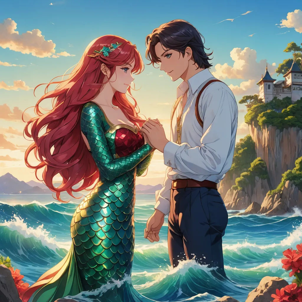 a man and a woman standing next to each other near the ocean with a castle in the background and a castle in the background, fantasy art, a storybook illustration, Artgerm, official art