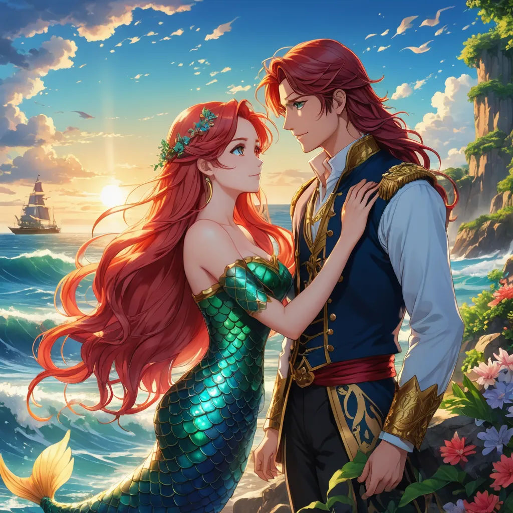 a man and a woman are standing next to each other in front of a sea scene with a ship, fantasy art, a storybook illustration, Artgerm, rossdraws global illumination