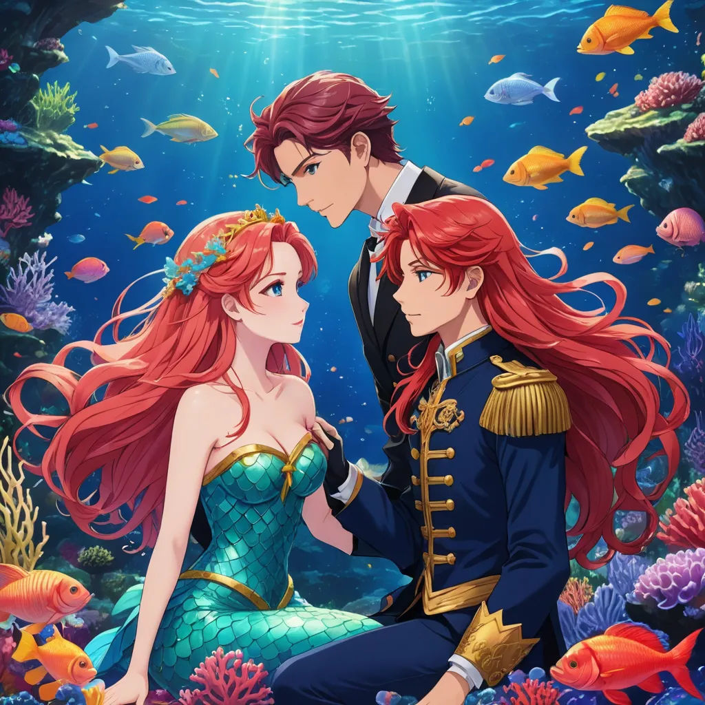 a man and woman in a mermaid costume sitting on a bed under water with fish and corals around them, sots art, a poster, Anne Said, official art