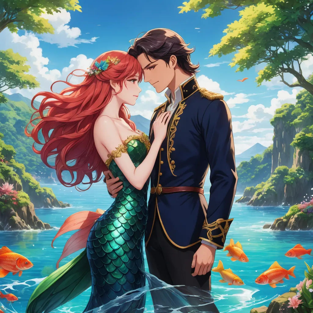 a man and a woman are standing in the water with a mermaid tail in their hands and a man in a blue suit is holding a red - haired girl, fantasy art, a storybook illustration, Artgerm, official art