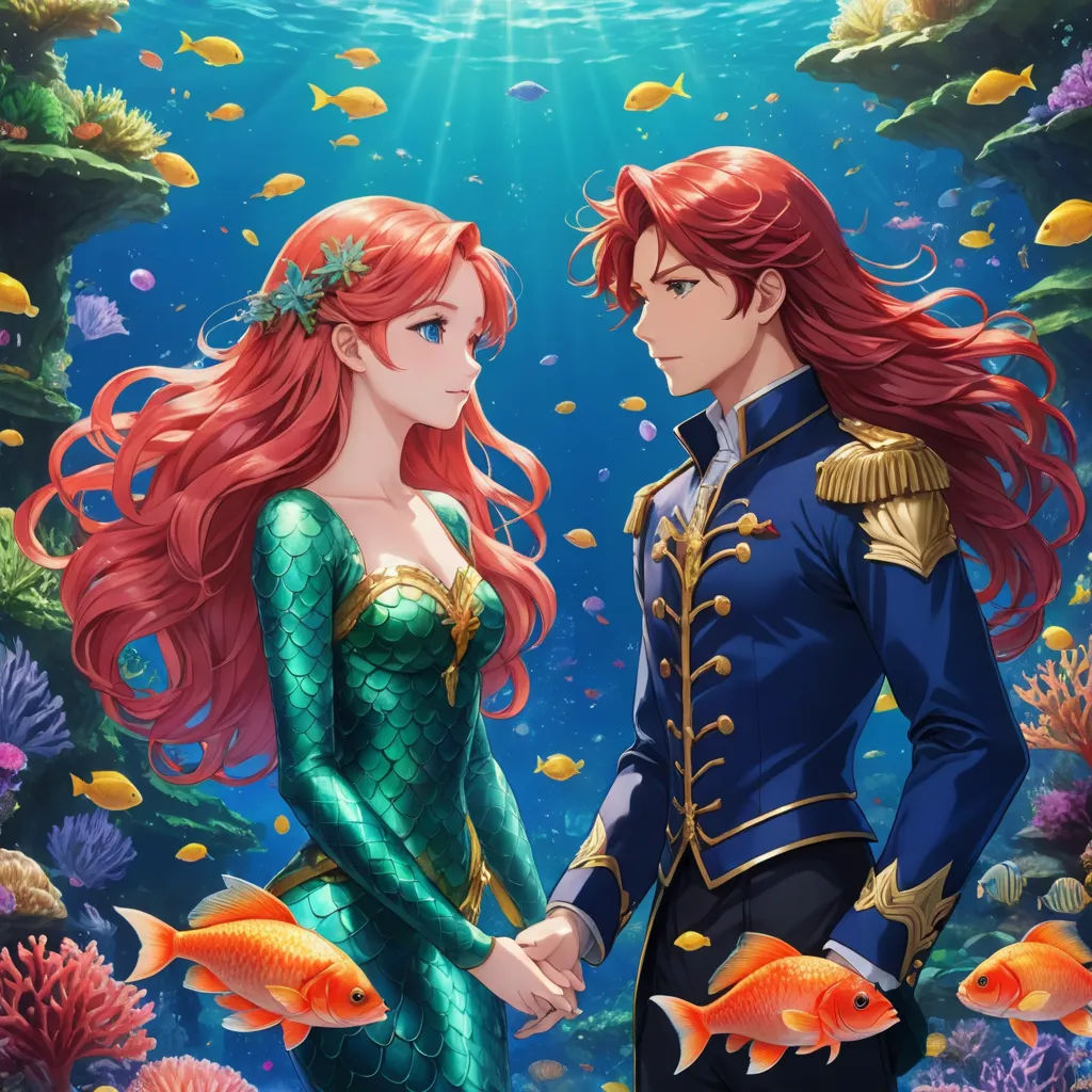 a man and a woman in a mermaid costume standing next to each other in front of a sea of fish, fantasy art, a storybook illustration, Anne Said, official art
