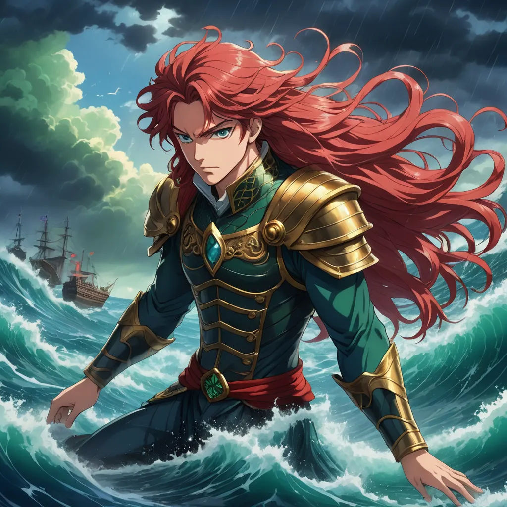 a man in a suit of armor standing on a wave in the ocean with a ship in the background, rayonism, a character portrait, Du Jin, official art
