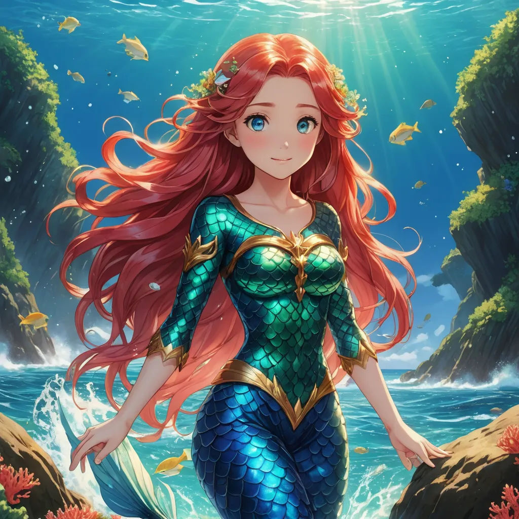 a beautiful red haired mermaid standing on a rock next to the ocean with a fish in her hand and a fish in her mouth, fantasy art, concept art, Artgerm, league of legends splash art