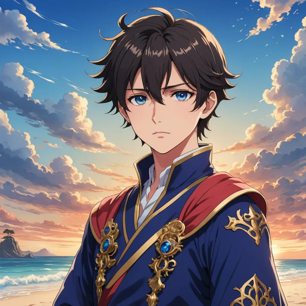 a man in a blue outfit standing on a beach with a sunset in the background and clouds in the sky, sots art, concept art, Anne Said, official art