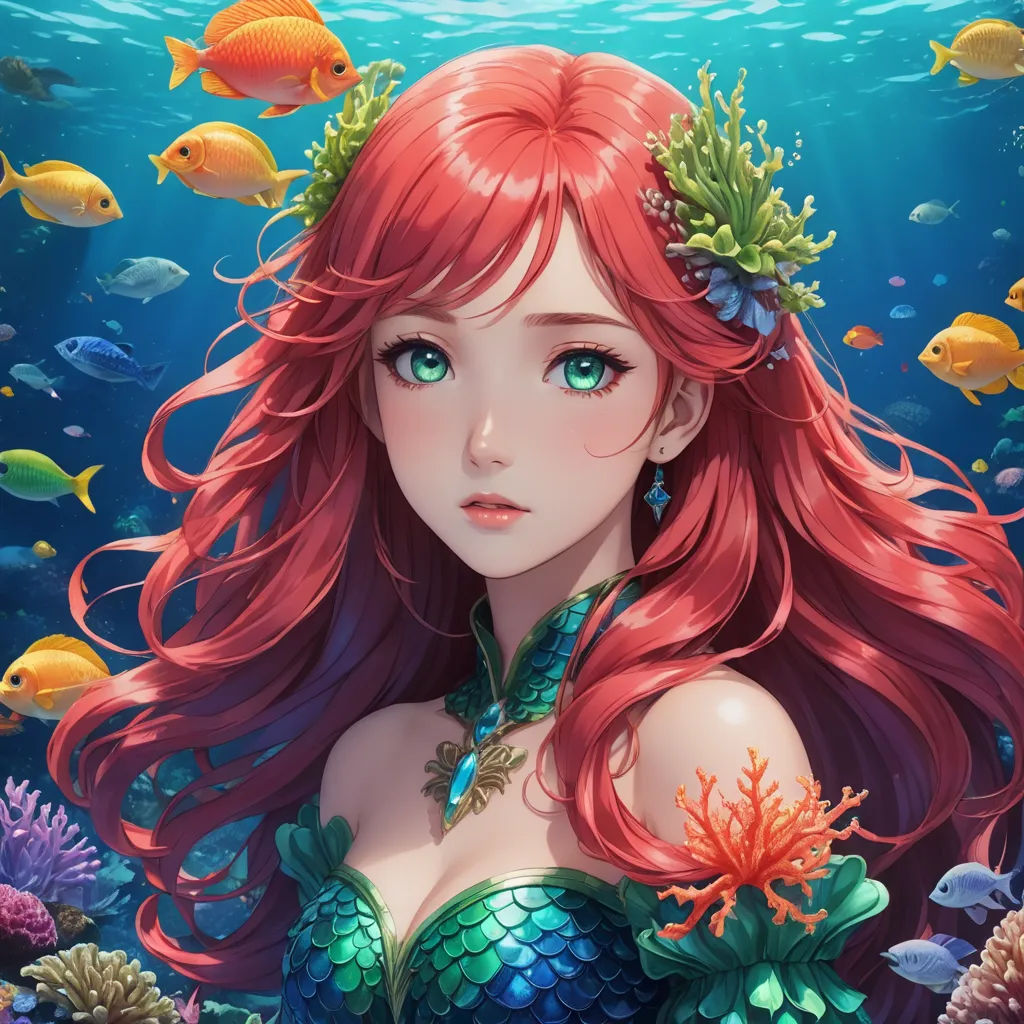 a girl with long red hair and a fish in her hair, under the water, with fish around her neck, fantasy art, a detailed painting, Artgerm, rossdraws global illumination