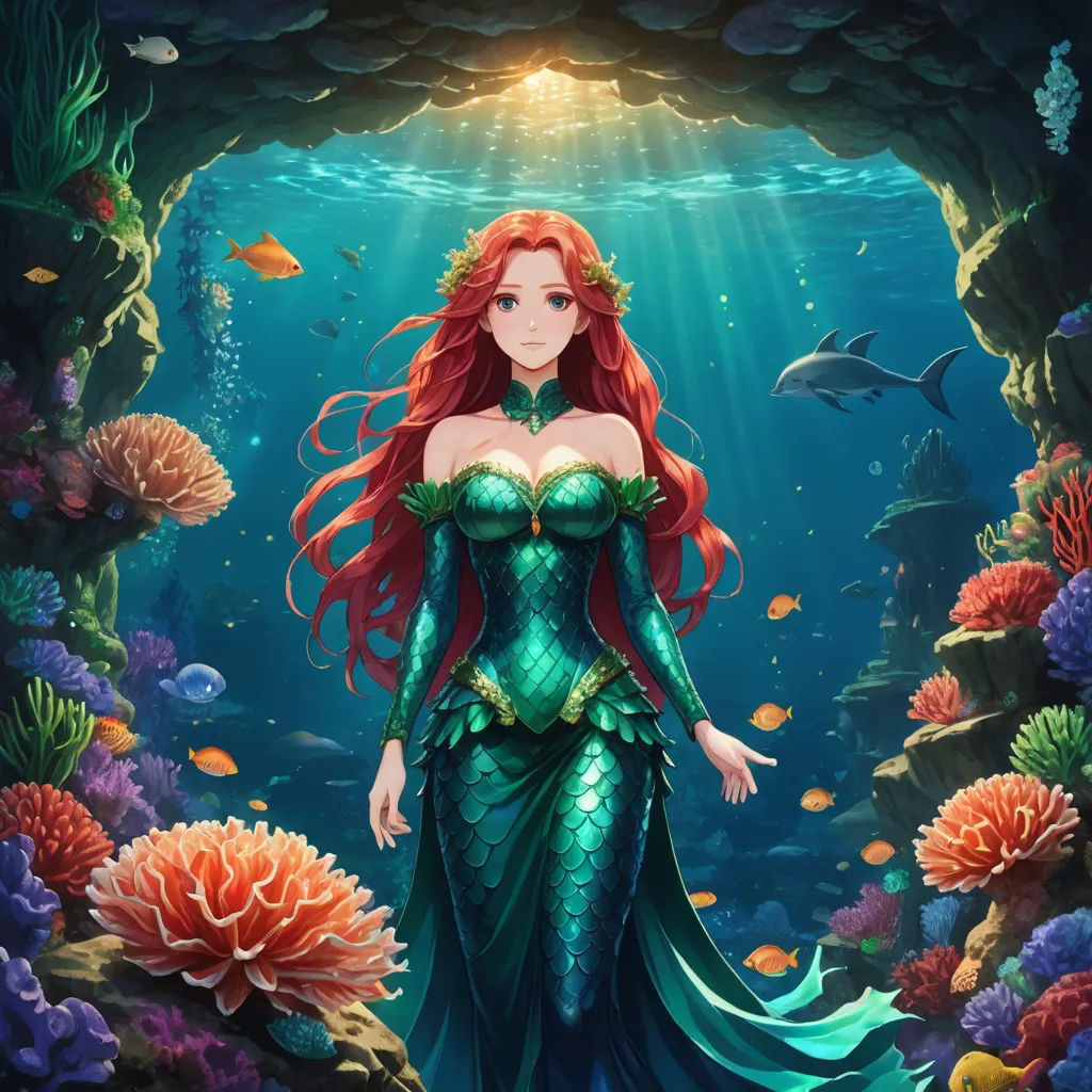 a beautiful red haired mermaid standing in a cave with corals and fish around her, with a dolphin swimming nearby, fantasy art, a storybook illustration, Alice Prin, official art