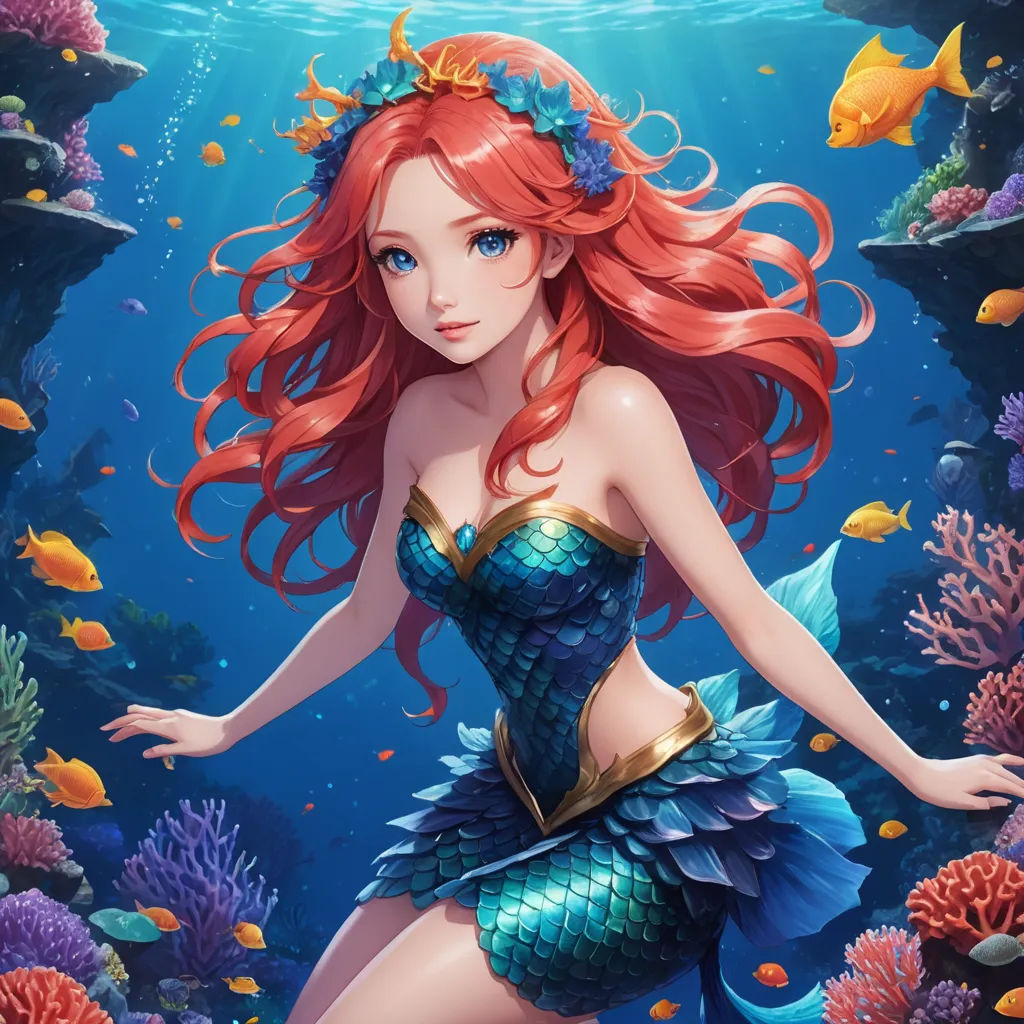 a beautiful red haired mermaid in a blue dress under the water with fish and corals around her neck, fantasy art, a detailed painting, Artgerm, league of legends splash art