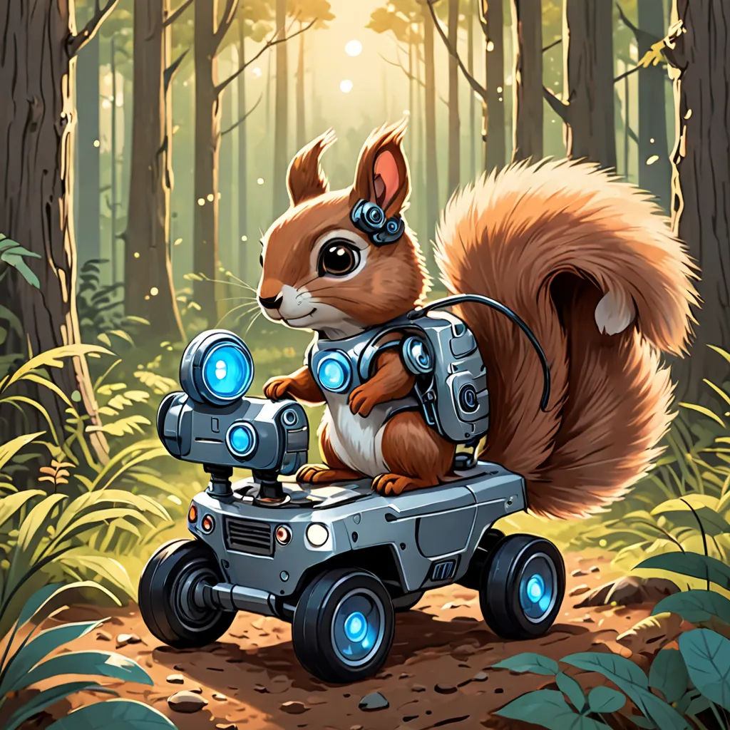 a squirrel riding a toy car in the woods with a camera on its back and a light on its head, altermodern, a character portrait, Chris LaBrooy, game art