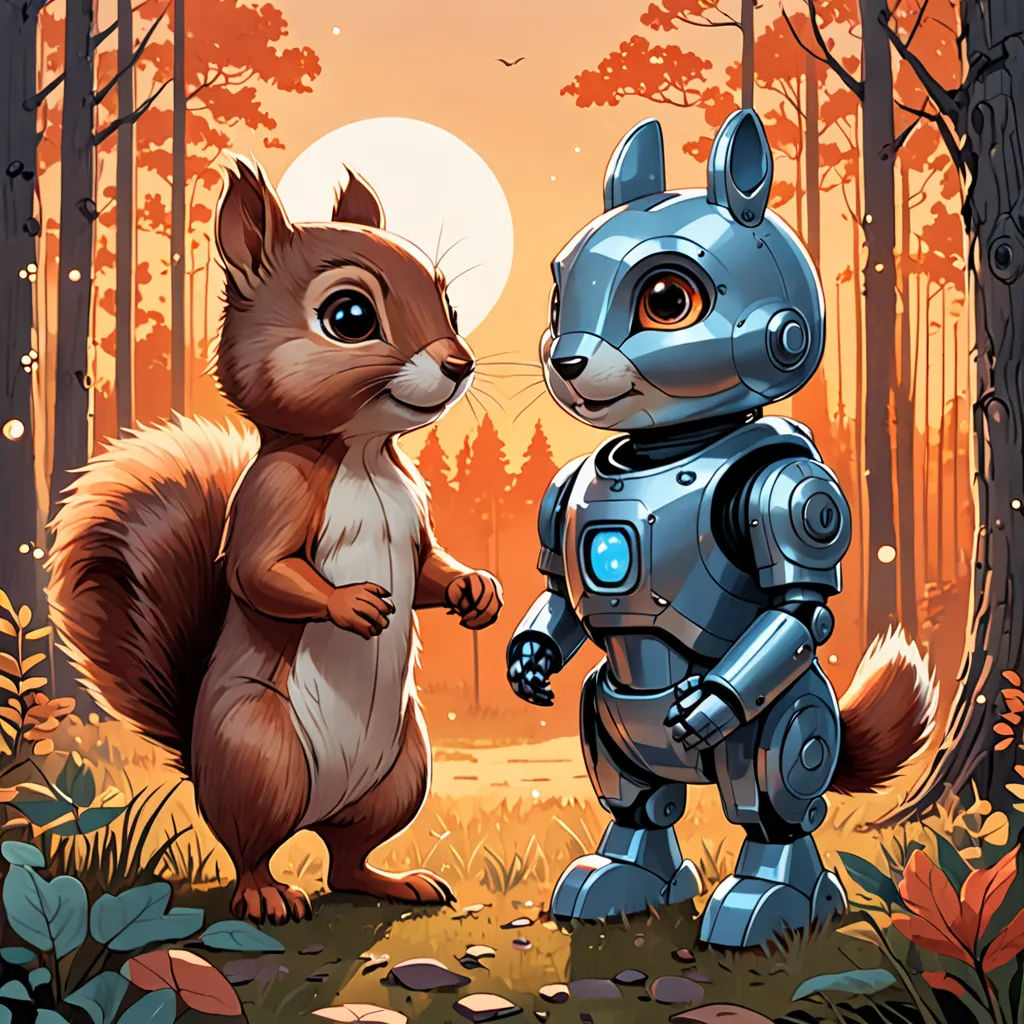 a squirrel and a robot standing in a forest with trees and leaves in the background, with a full moon in the sky, pop surrealism, a storybook illustration, Chris LaBrooy, comic cover art