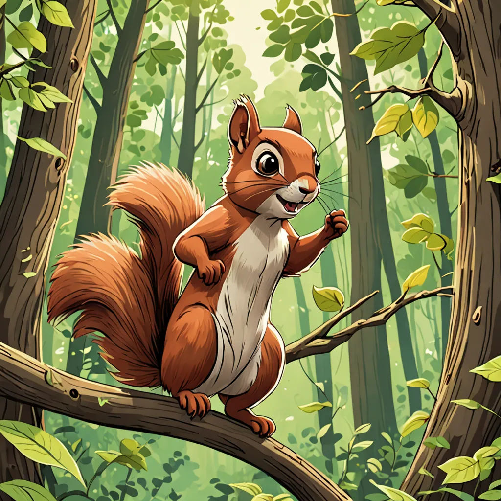 a squirrel is sitting on a tree branch in the forest with leaves and a branch with a squirrel on it, furry art, a storybook illustration, Chris LaBrooy, official art