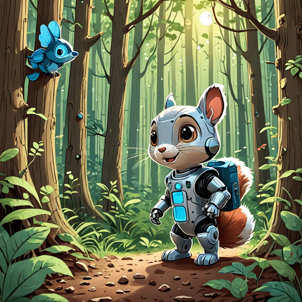 a cartoon character in a forest with a robot suit on and a blue fish in the background, with a forest scene in the foreground, sots art, a storybook illustration, Chris LaBrooy, rossdraws global illumination