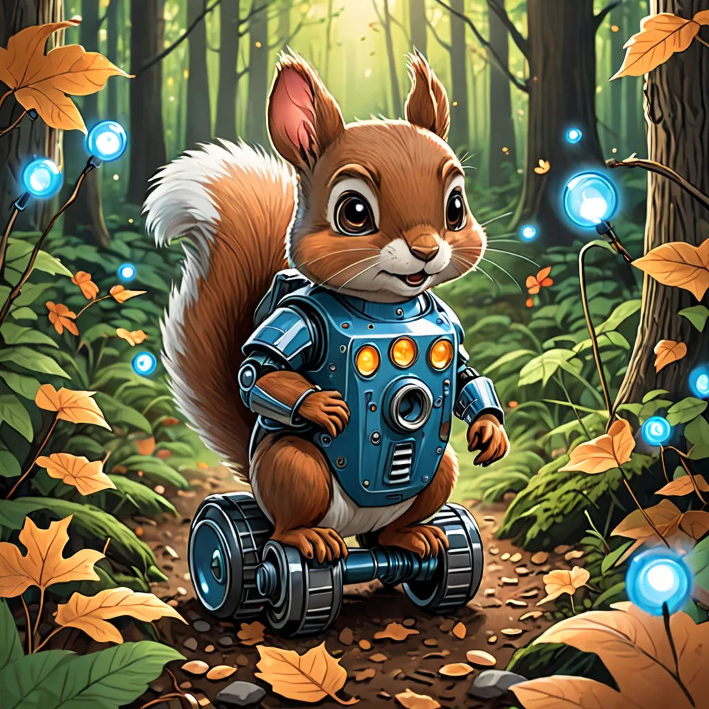 a squirrel is riding a robot in the woods with leaves and lights around it, and a forest background, altermodern, a character portrait, Chris LaBrooy, official art