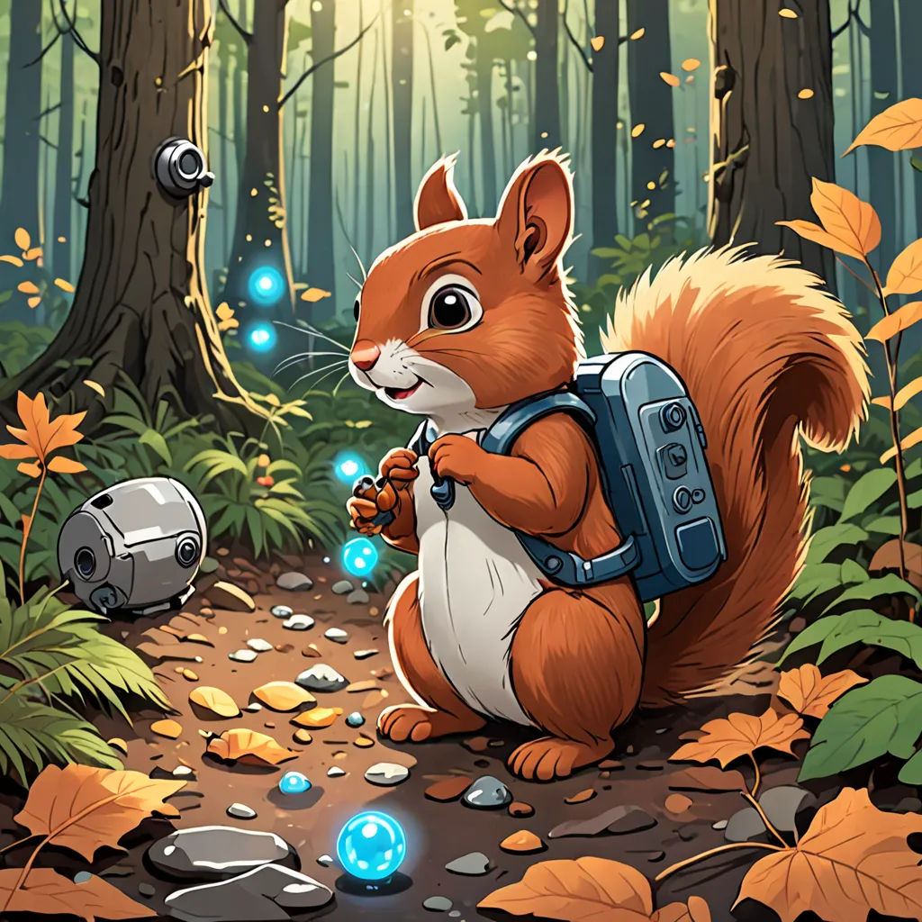 a squirrel with a backpack is in the woods with a light bulb in its mouth and a robot behind it, sots art, a character portrait, Chris LaBrooy, official art