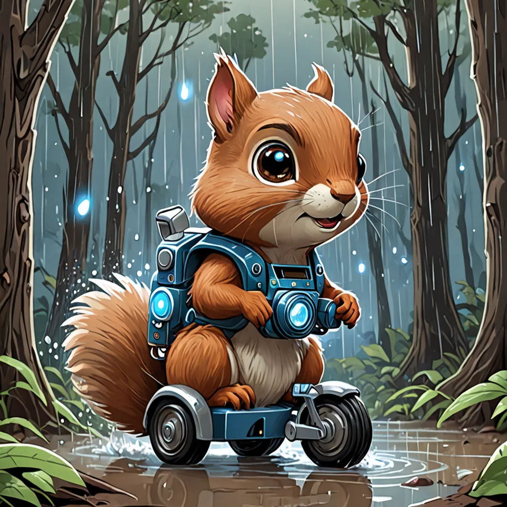 a cartoon squirrel riding a toy car in the rain in the woods with a raindrop falling down on it, sots art, a character portrait, Chris LaBrooy, game art