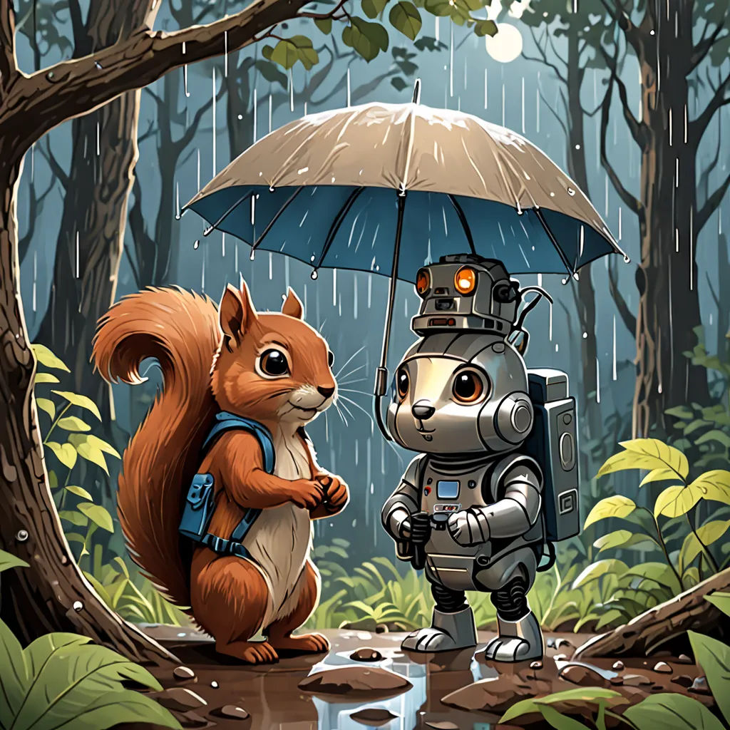 a squirrel and a robot standing in the rain in the woods with an umbrella over their heads, and a robot holding an umbrella, pop surrealism, a storybook illustration, Chris LaBrooy, storybook illustration
