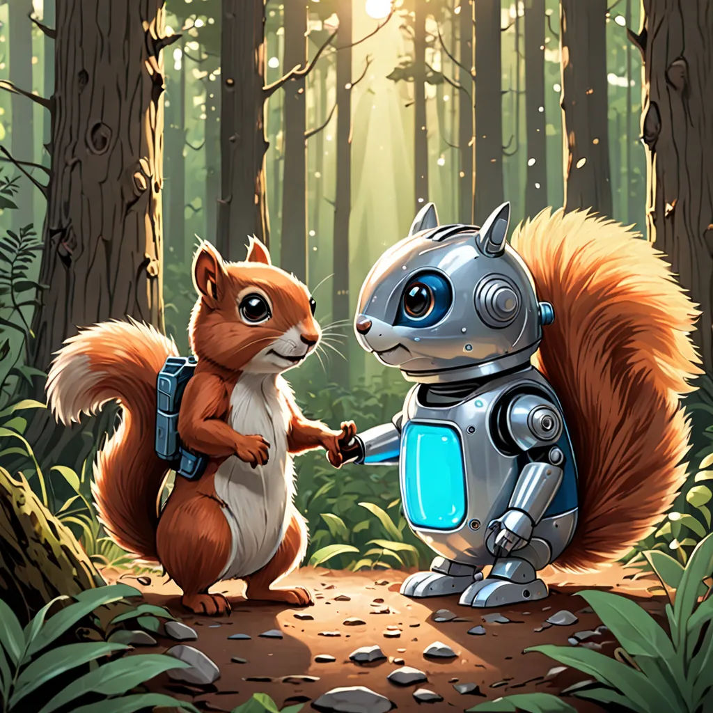 a squirrel and a robot in the woods shaking hands with each other, with sunlight shining through the trees, les automatistes, a storybook illustration, Chris LaBrooy, promotional image