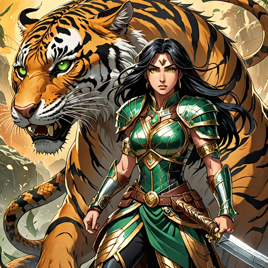 a woman in a green and gold outfit standing next to a tiger and a sword in her hand and a tiger behind her, fantasy art, a comic book panel, Anne Stokes, magic the gathering artwork
