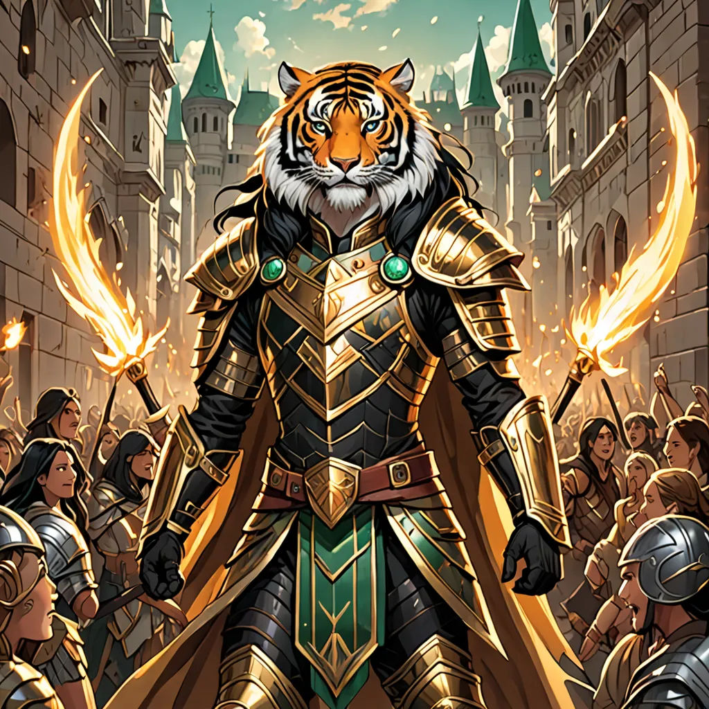 a tiger dressed in armor standing in front of a crowd of people with fire in their hands and a tiger on his chest, fantasy art, a comic book panel, Clint Cearley, magic the gathering artwork