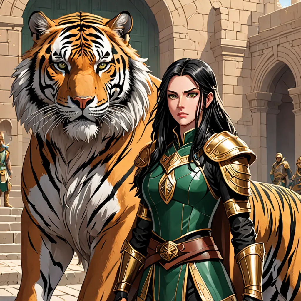 a woman in a green outfit standing next to a tiger and a tiger on a stone walkway with a man in a tiger costume, fantasy art, a character portrait, Chris Rallis, magic the gathering artwork