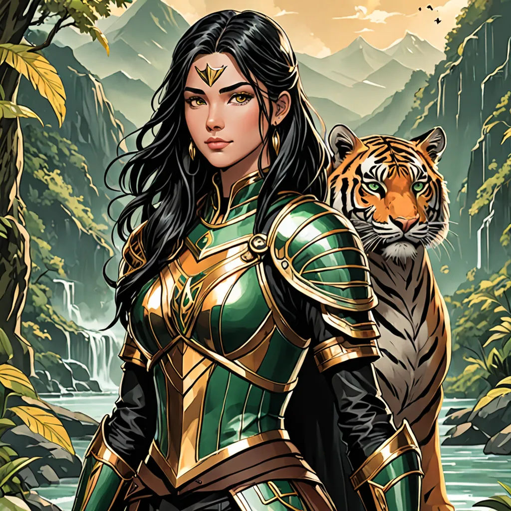 a woman in a green and gold outfit standing next to a tiger in a forest with mountains and trees, fantasy art, a character portrait, Artgerm, epic fantasy character art