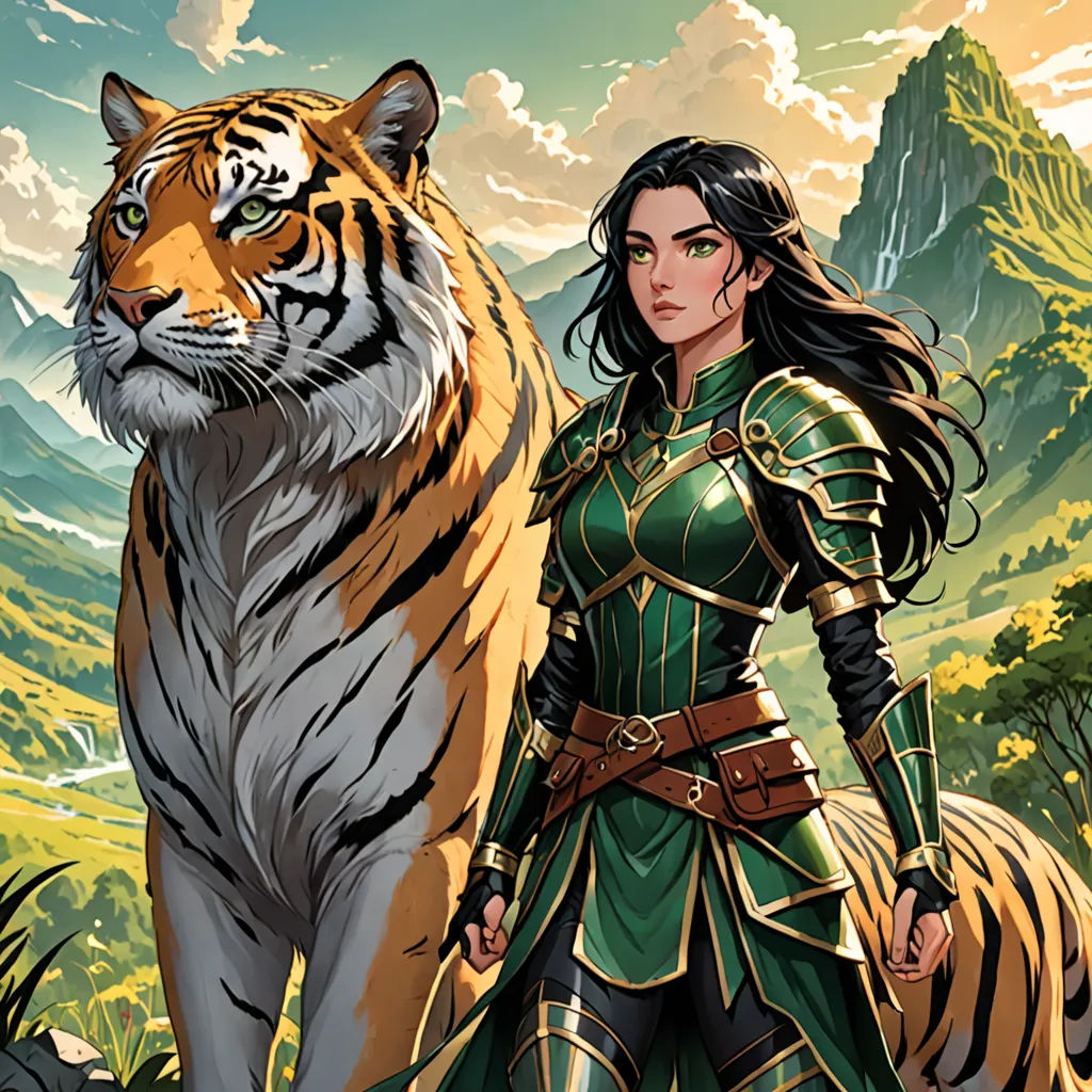 a woman in a green outfit standing next to a tiger and a mountain range with a sky background and clouds, fantasy art, a character portrait, Chris Rallis, magic the gathering artwork