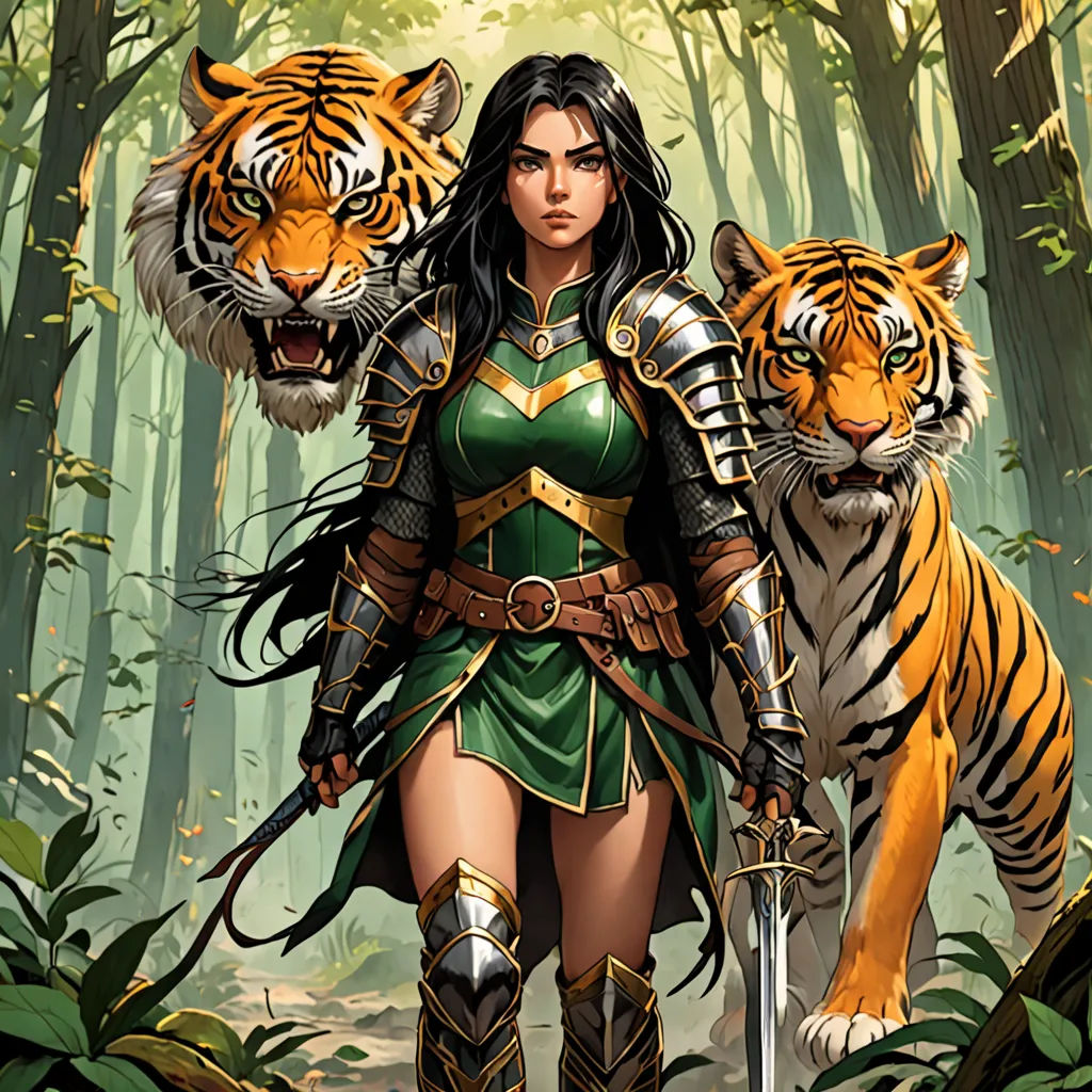 a woman in a green dress with two tigers on her back and a sword in her hand, walking through a forest, fantasy art, a comic book panel, Chris Rallis, comic cover art