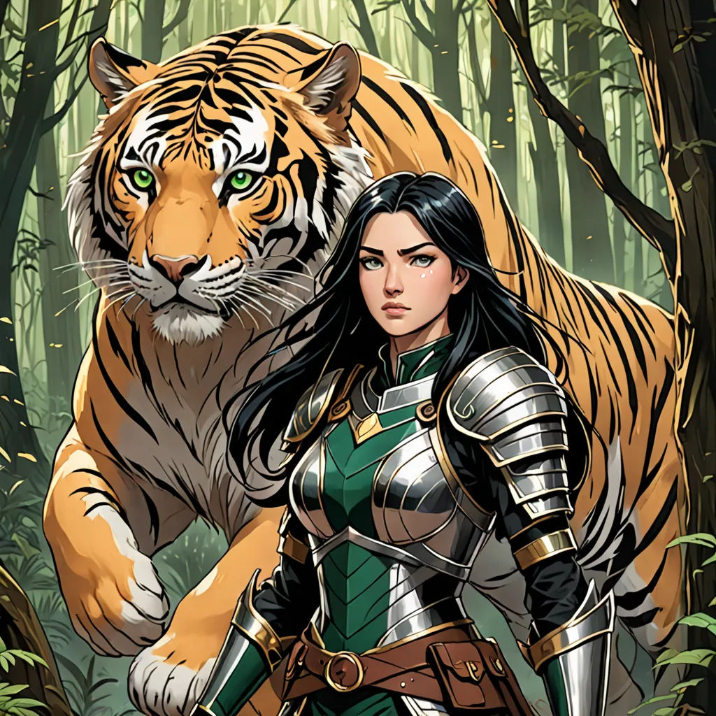 a woman in a tiger costume standing next to a tiger in a forest with trees and bushes behind her, fantasy art, a character portrait, Chris Rallis, epic fantasy character art