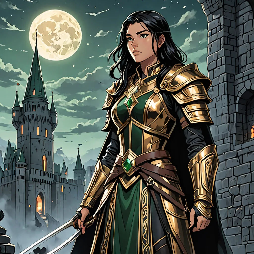 a woman in a medieval costume standing in front of a castle with a sword in her hand and a full moon in the background, fantasy art, a comic book panel, Chris Rahn, magic the gathering artwork