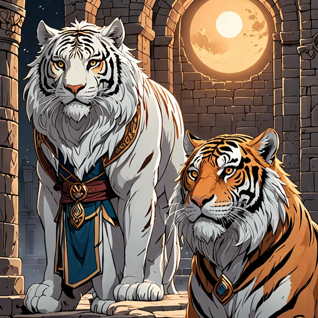 two tigers standing next to each other in front of a castle entrance with a full moon in the background, fantasy art, an album cover, Chris Rallis, rossdraws global illumination