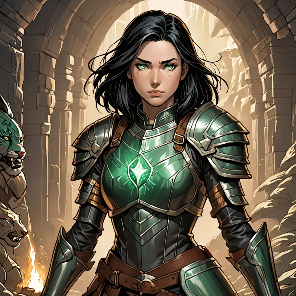 a woman in a green armor standing in a tunnel with a demon nearby and a demon in the background, fantasy art, a comic book panel, Cedric Peyravernay, epic fantasy character art