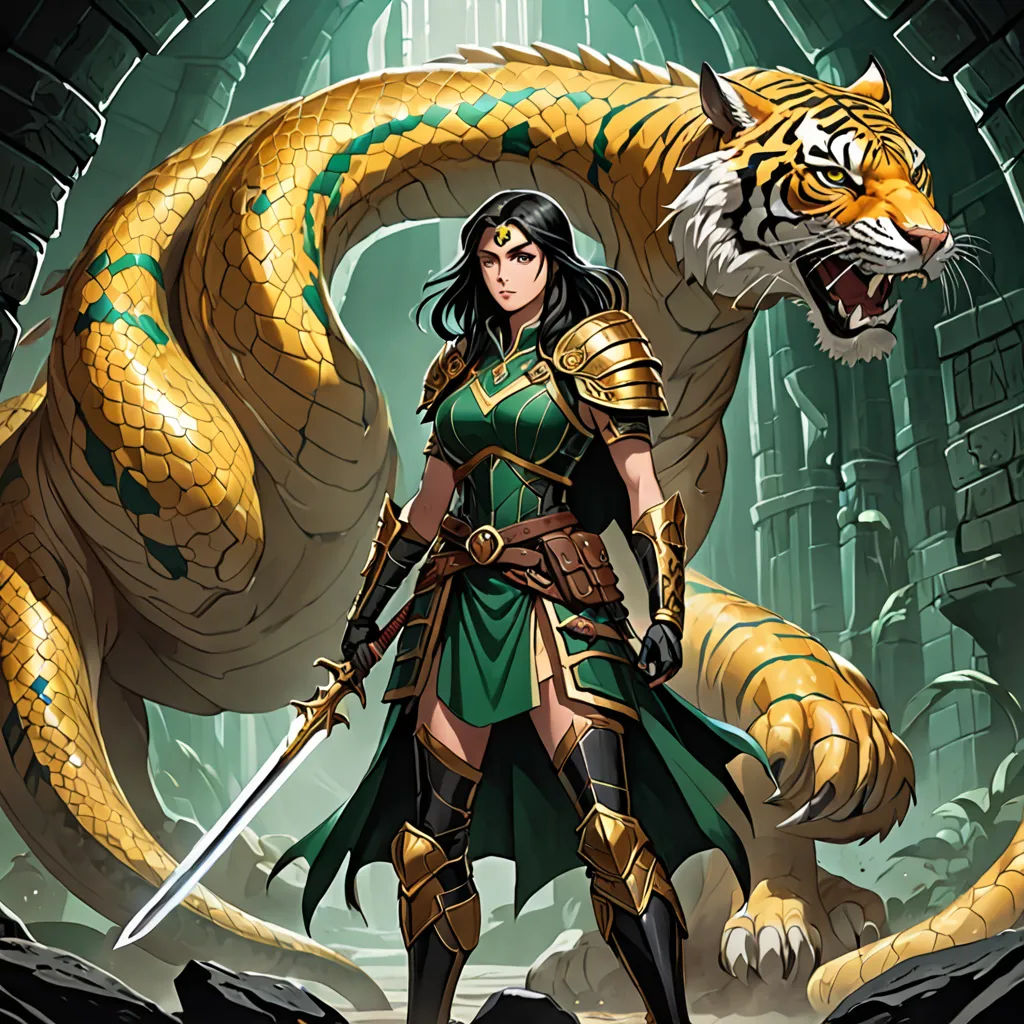 a woman in a green outfit with a sword and a tiger on her back, standing in front of a cave, fantasy art, a character portrait, Chris Rallis, magic the gathering artwork