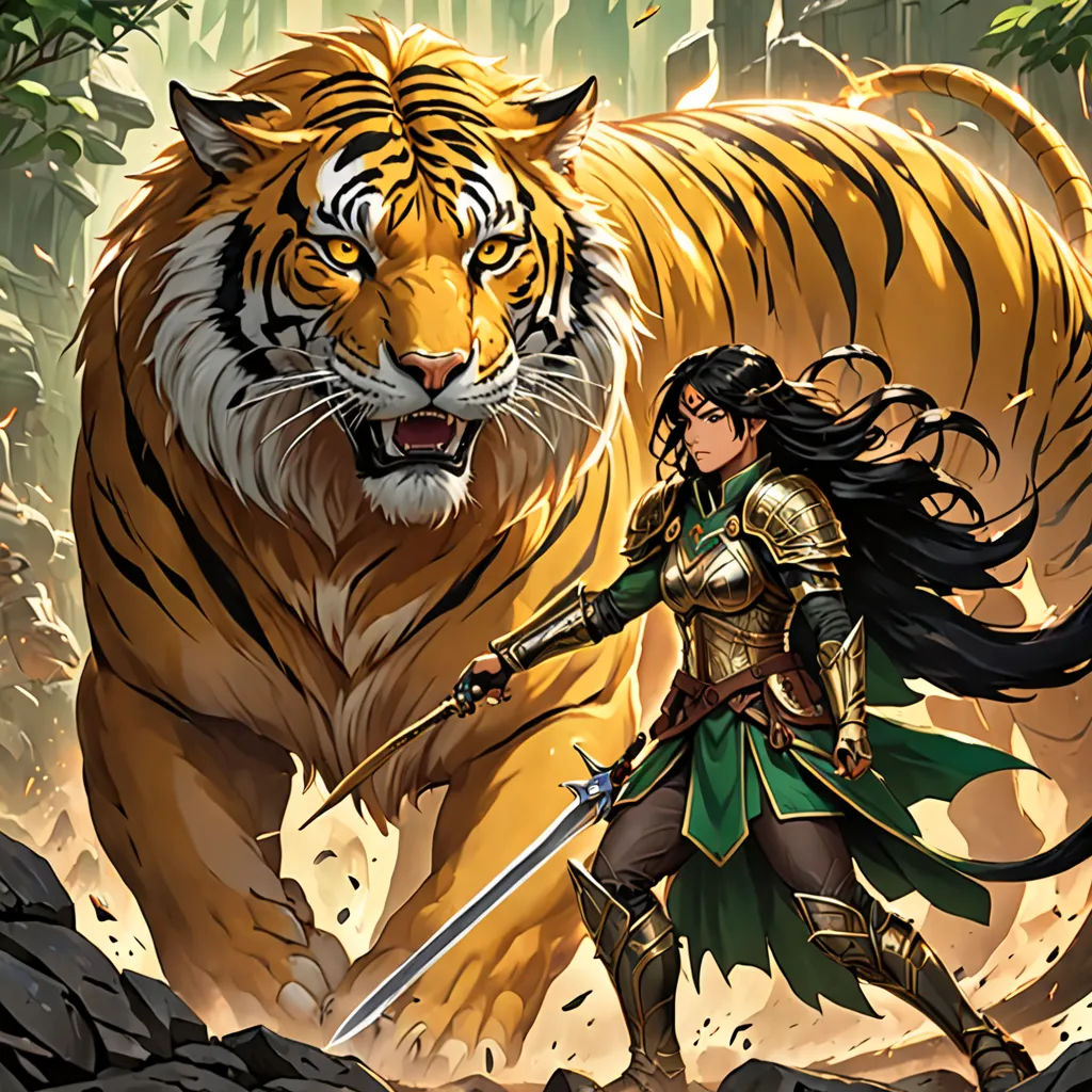 a woman in a green dress standing next to a tiger on a rocky hillside with a sword in her hand, fantasy art, a comic book panel, Chris Rallis, magic the gathering artwork