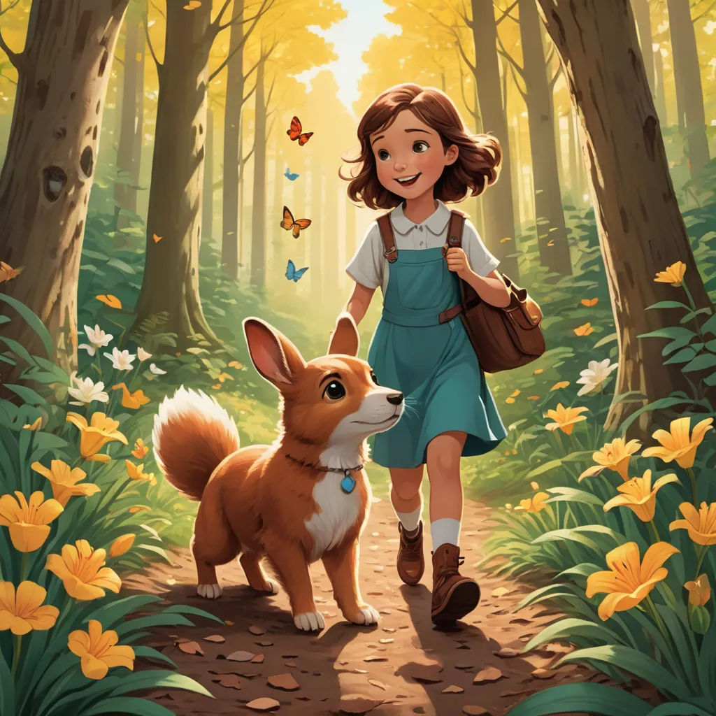 a little girl walking a dog through a forest with yellow flowers and butterflies flying around her, with a forest scene in the background, magic realism, a storybook illustration, Aaron Jasinski, official art