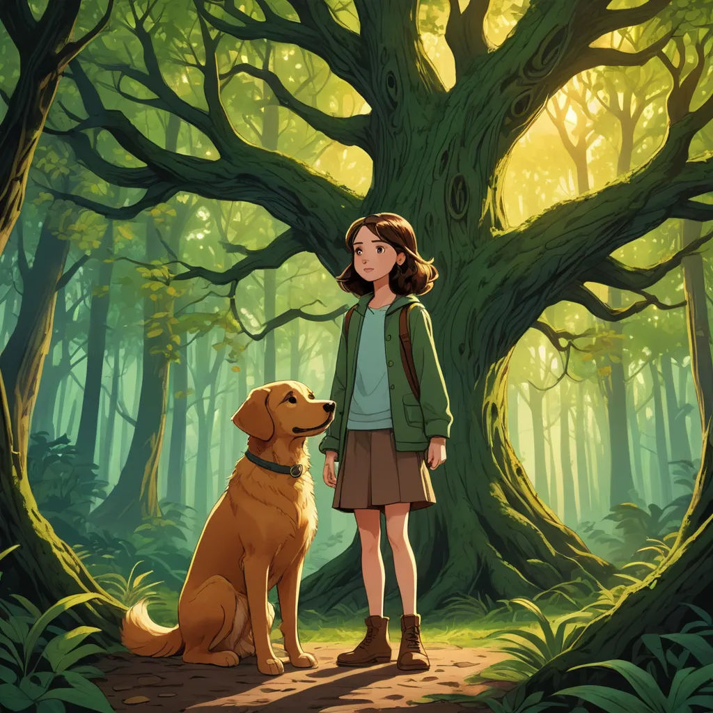 a girl standing next to a dog in a forest with a tree in the background and a sunbeam, magical realism, a storybook illustration, Cliff Childs, official art
