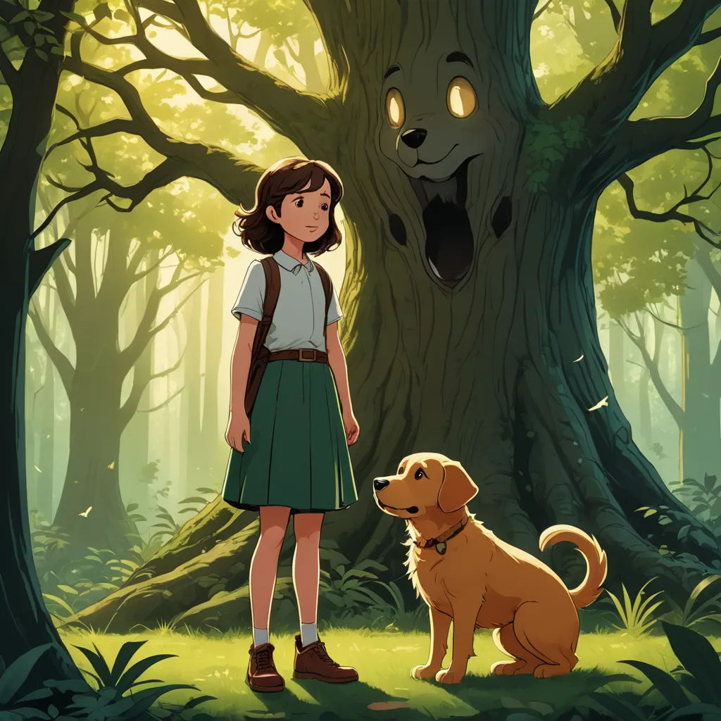 a girl standing next to a dog in a forest with a giant tree in the background and a creepy face in the background, serial art, a storybook illustration, Atey Ghailan, official art