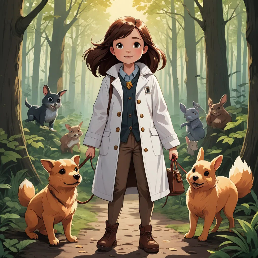 a girl in a white coat and some dogs in a forest with trees and bushes and a forest path, furry art, a character portrait, Clarice Beckett, key art