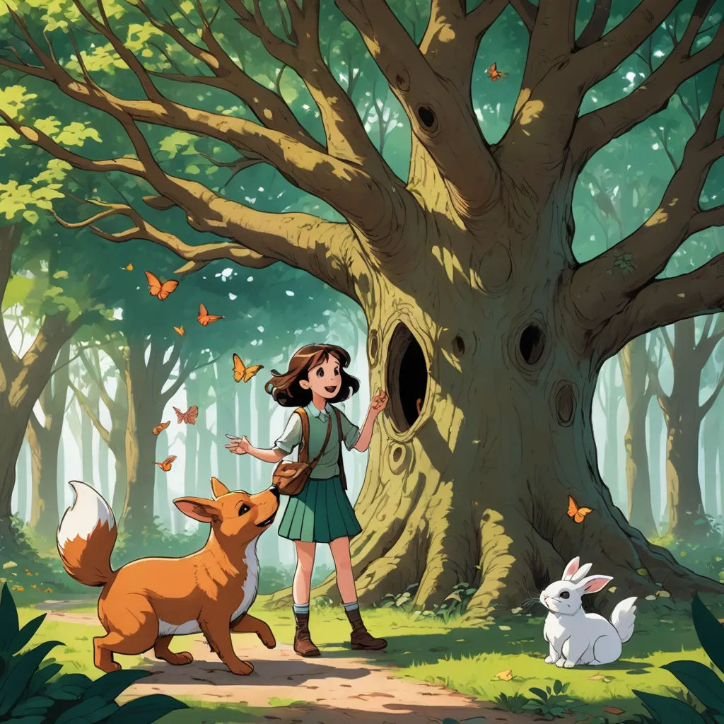 a girl and a dog in a forest with a tree and a hole in the ground with butterflies flying around, magical realism, a storybook illustration, Diego Gisbert Llorens, storybook illustration