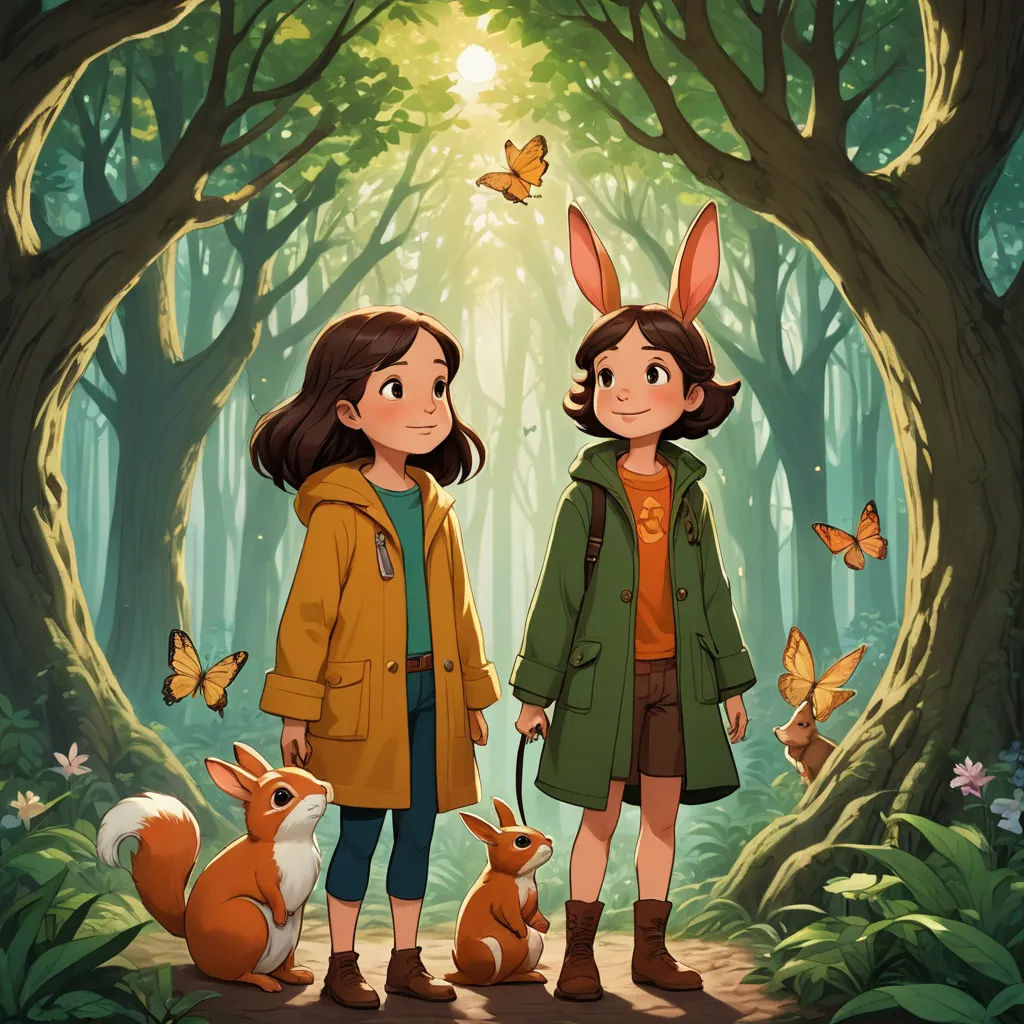 two children standing in a forest with a rabbit and a fox on a leash, with a butterfly flying overhead, furry art, a storybook illustration, Diego Gisbert Llorens, official art