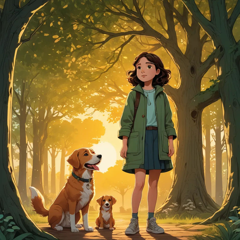 a girl and a dog standing in a forest with trees and sunlight shining through the trees and leaves on the ground, magic realism, a storybook illustration, Elinor Proby Adams, official art