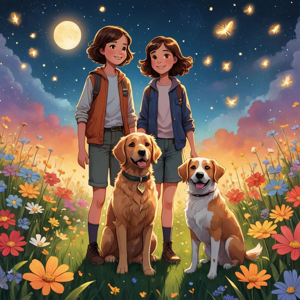a couple of kids standing next to a dog on a field of flowers at night with a full moon, magical realism, a storybook illustration, Diego Gisbert Llorens, comic cover art