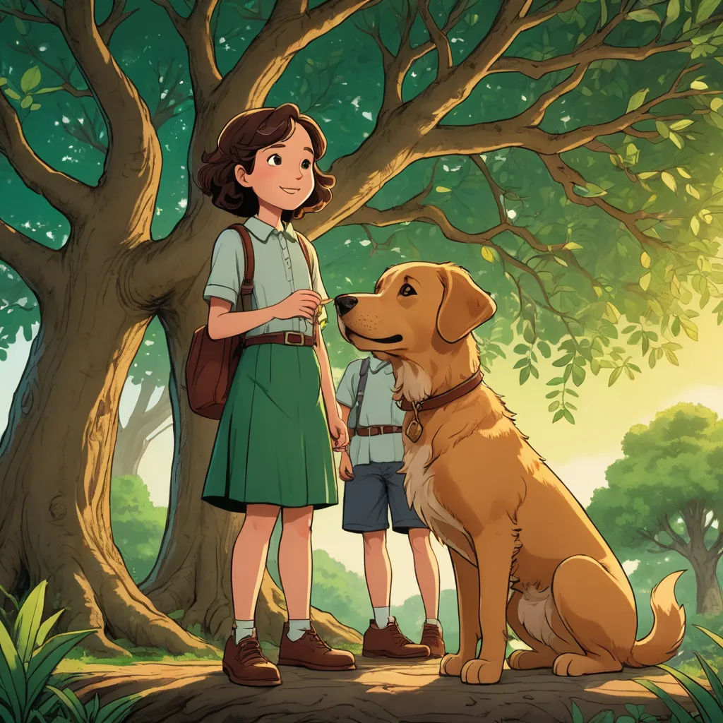 a girl and a dog standing in front of a tree with a boy in the background looking at the dog, serial art, a storybook illustration, Chang Dai-chien, official art