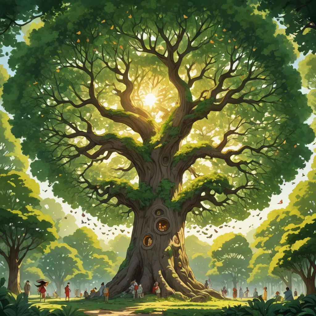 a painting of a tree with people standing around it and a sun shining through the leaves on the tree, fantasy art, a storybook illustration, Chris LaBrooy, ghibli