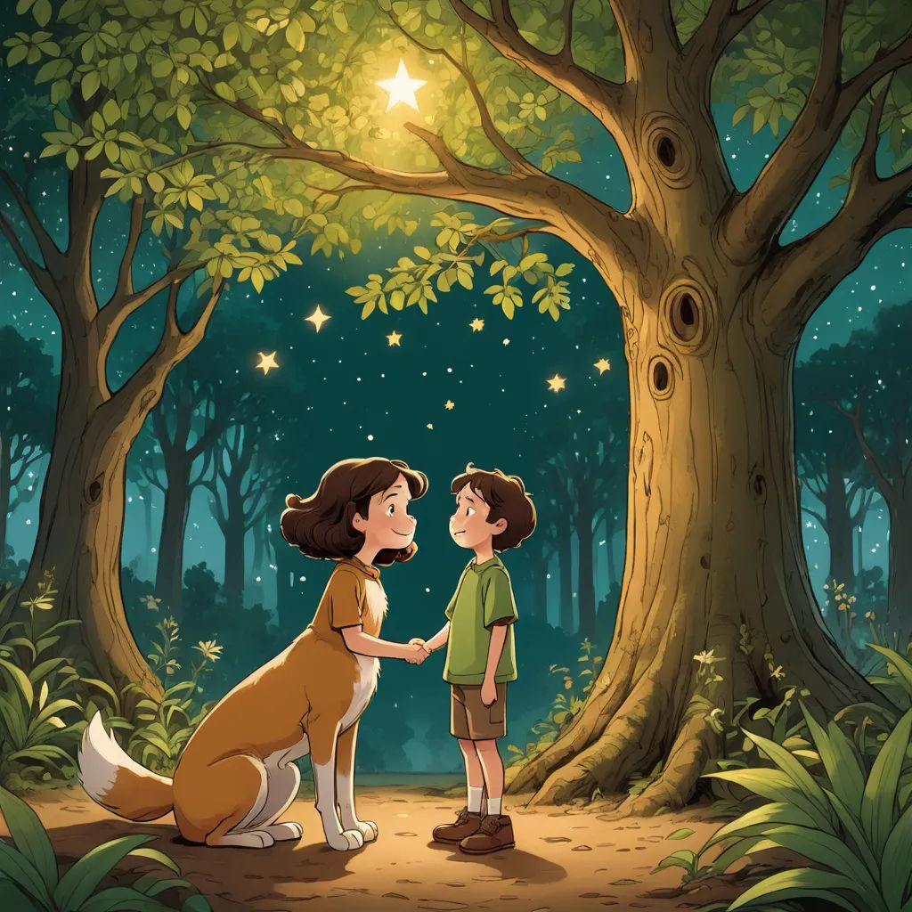 a boy and a girl standing in front of a tree with a dog in the forest at night time, magical realism, a storybook illustration, Diego Gisbert Llorens, official art