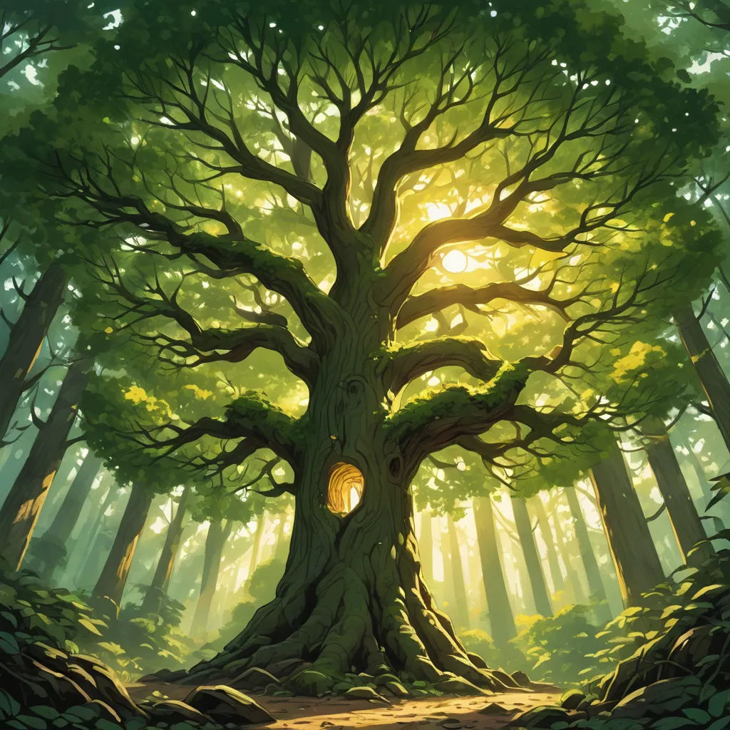 a painting of a tree in a forest with sunlight coming through the leaves and a path leading to a light, fantasy art, a detailed matte painting, Anato Finnstark, forest