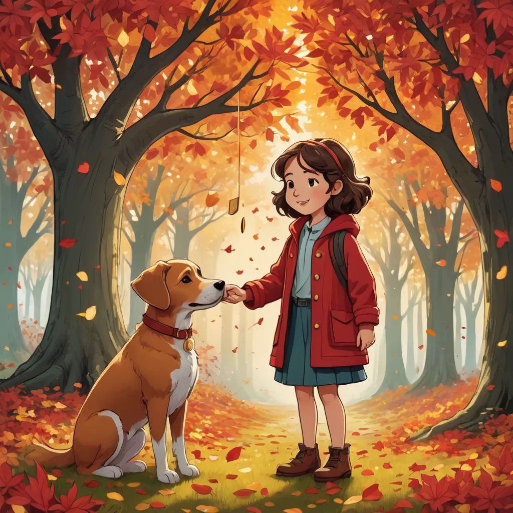a girl and a dog in a forest with leaves on the ground and trees with red leaves on them, art & language, a storybook illustration, Diego Gisbert Llorens, official art