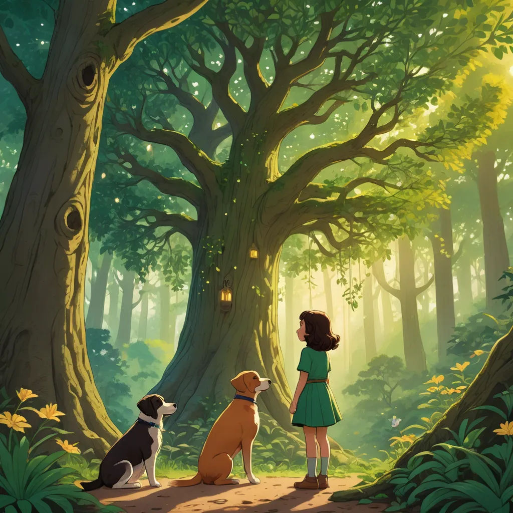 a girl and two dogs in a forest with a lantern in the sky above them and a tree with a light on it, magical realism, a storybook illustration, Diego Gisbert Llorens, official art