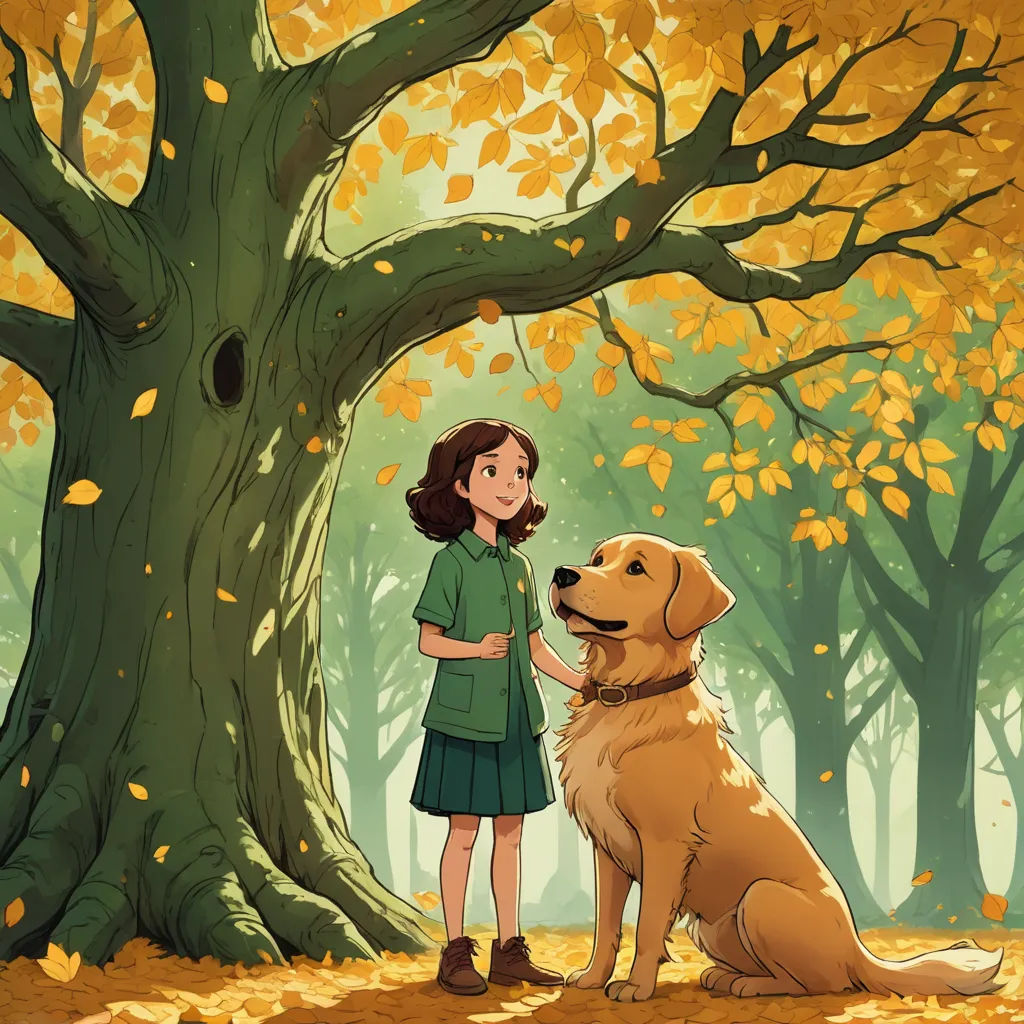 a girl and a dog standing in front of a tree with leaves on it and a yellow dog sitting in front of it, magic realism, a storybook illustration, Diego Gisbert Llorens, storybook illustration