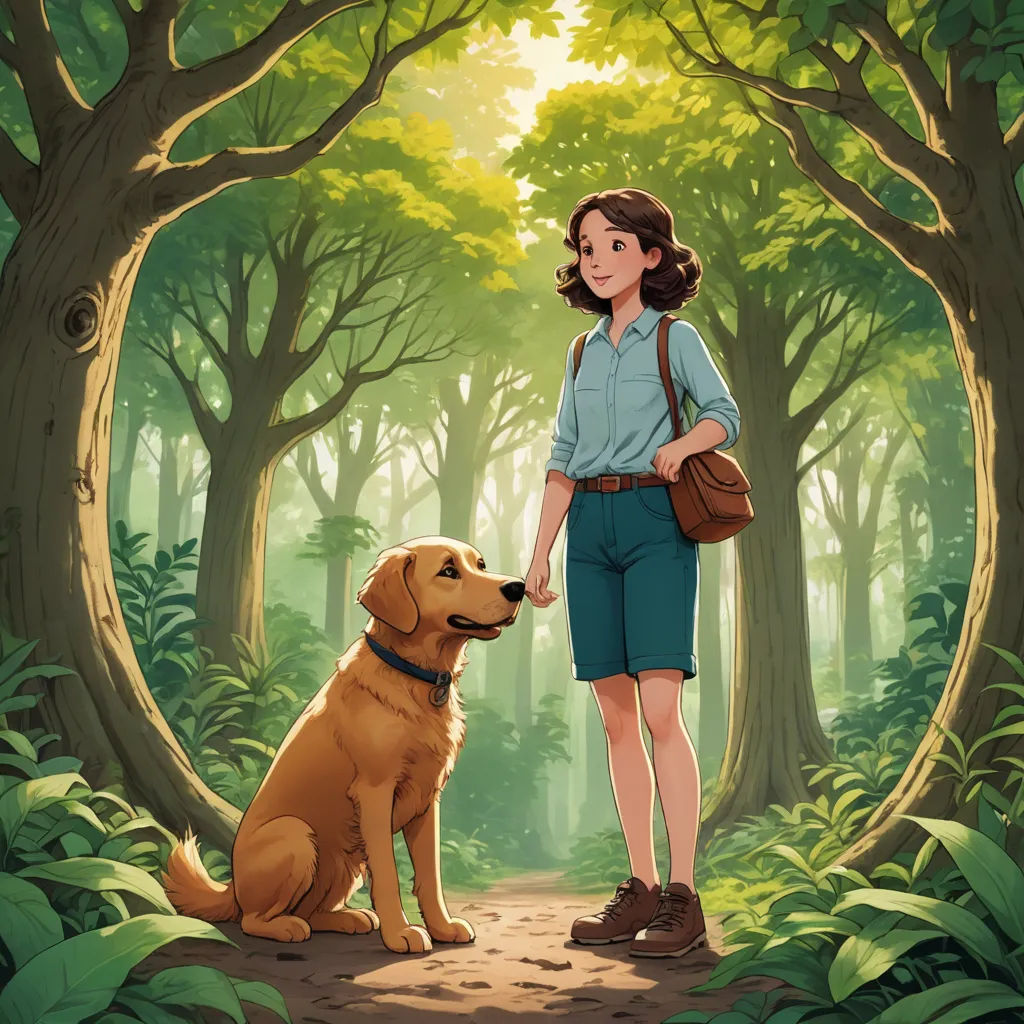 a woman holding a dog's hand in a forest with trees and leaves on the ground and a dog sitting on the ground, american scene painting, a storybook illustration, Atey Ghailan, official art
