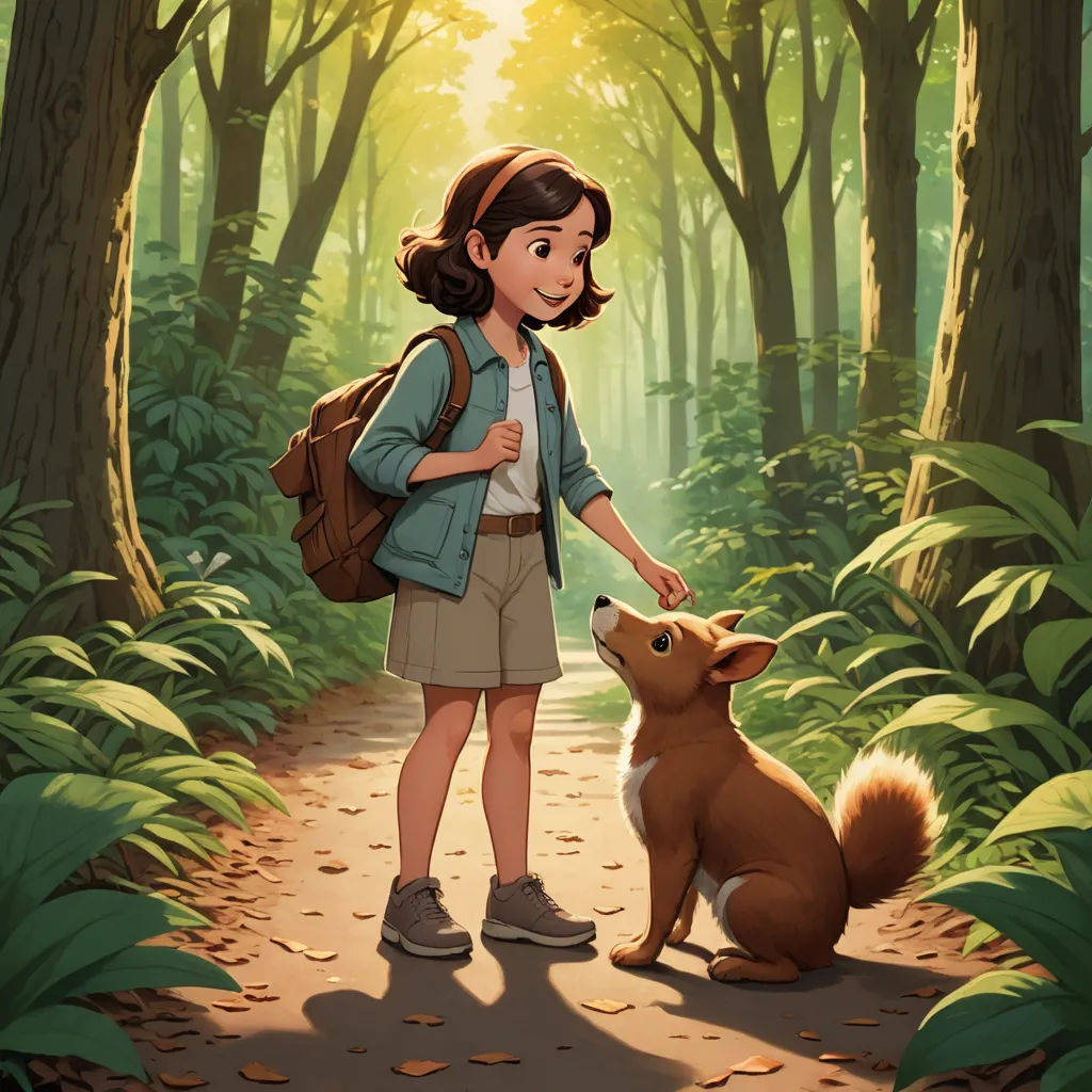 a girl is standing in the woods with a dog looking at her and smiling at the camera with a forest background, sots art, a storybook illustration, Atey Ghailan, official art