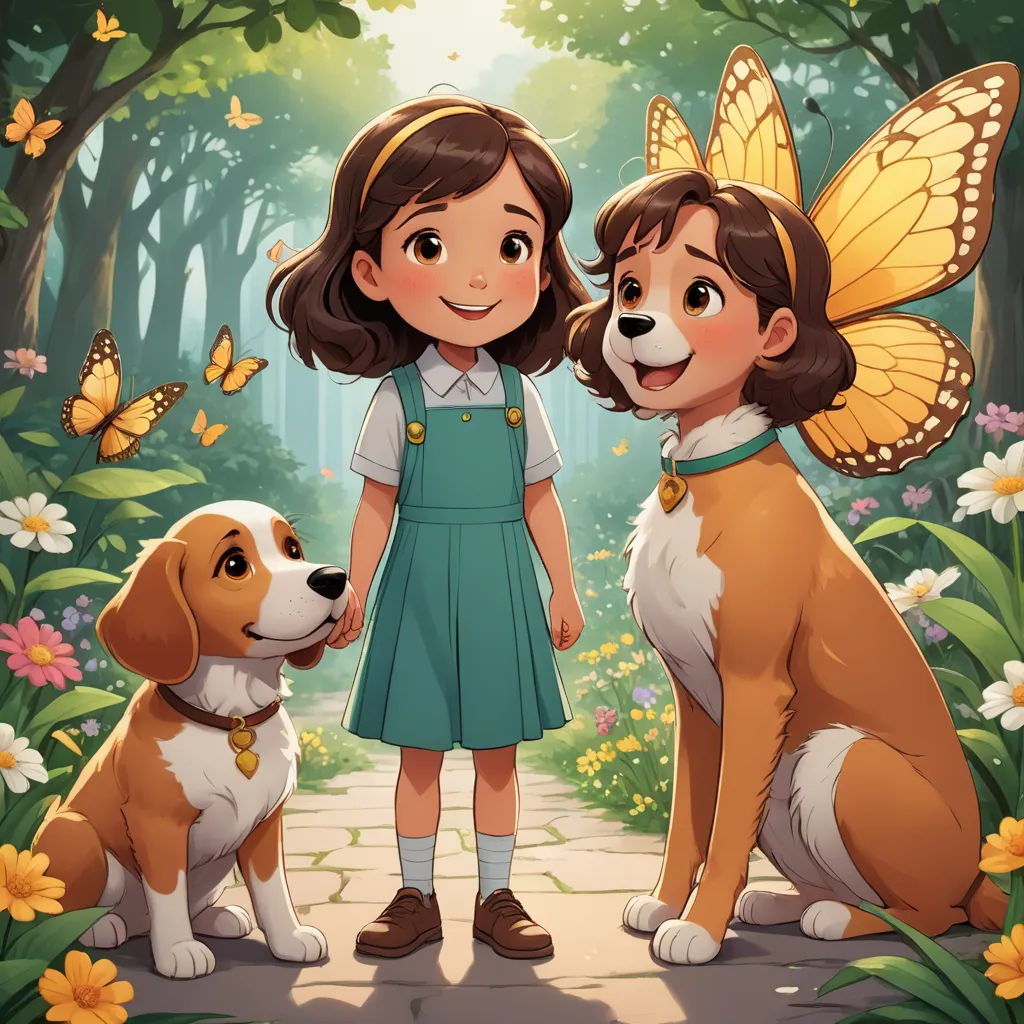 a girl and a dog standing in a forest with butterflies on their wings and a butterfly on their head, serial art, a storybook illustration, Anne Said, comic cover art